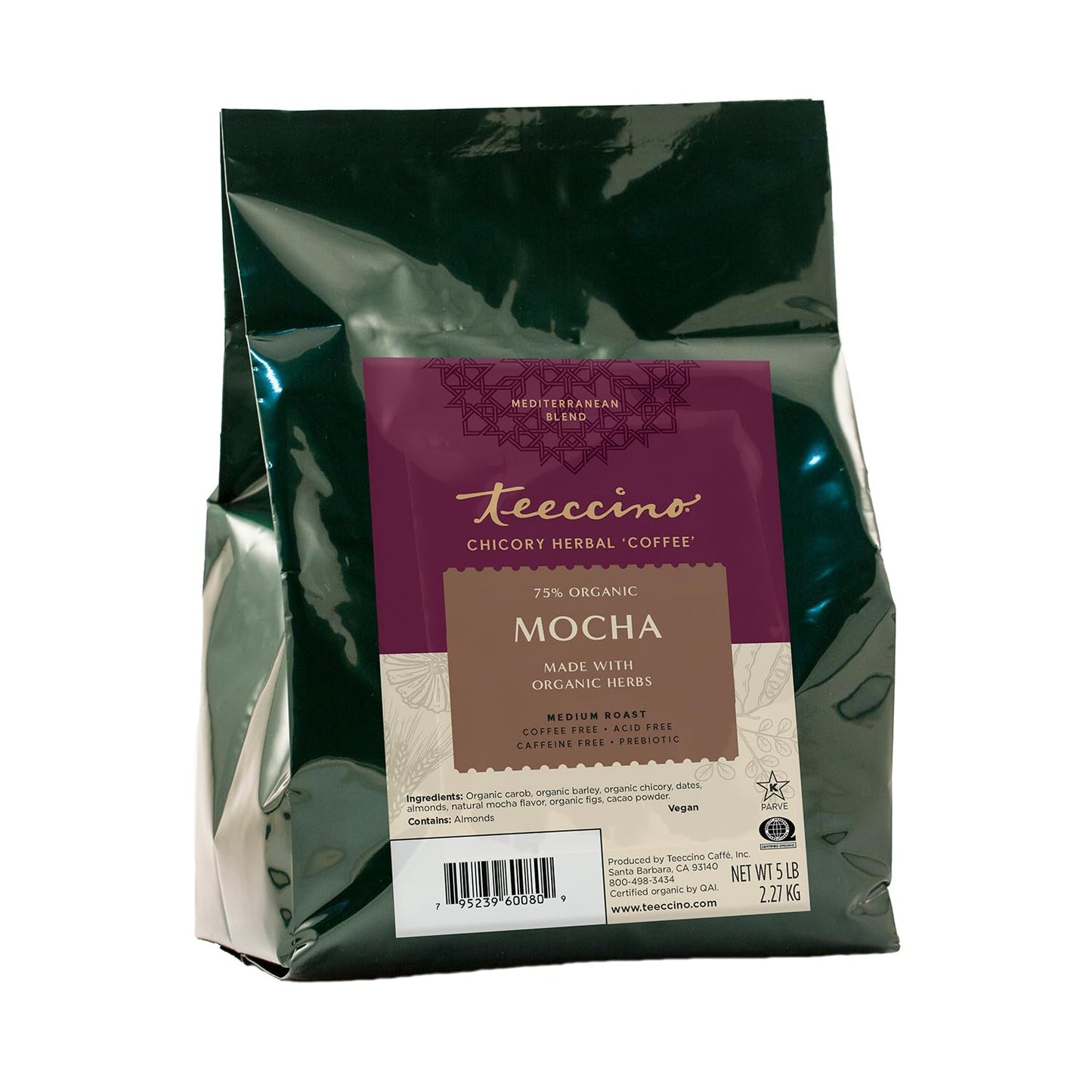 Teeccino Mocha Chicory Coffee Alternative, Caffeine-Free, Medium Roast, 5 lb Bag