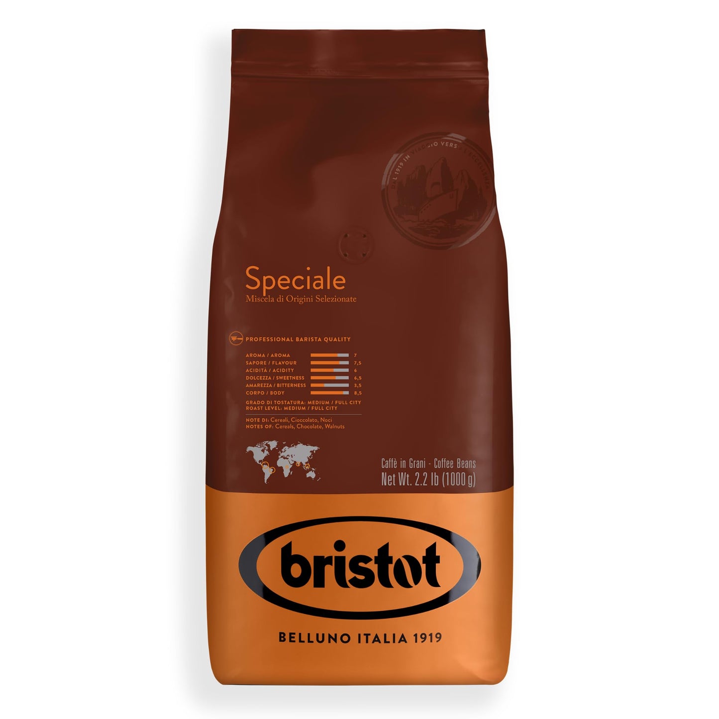 Bristot Speciale Italian Espresso Coffee Beans - Medium Roast, Low Acid, Whole Bean - 2.2 lb (1kg) Bag - Authentic Italian Coffe