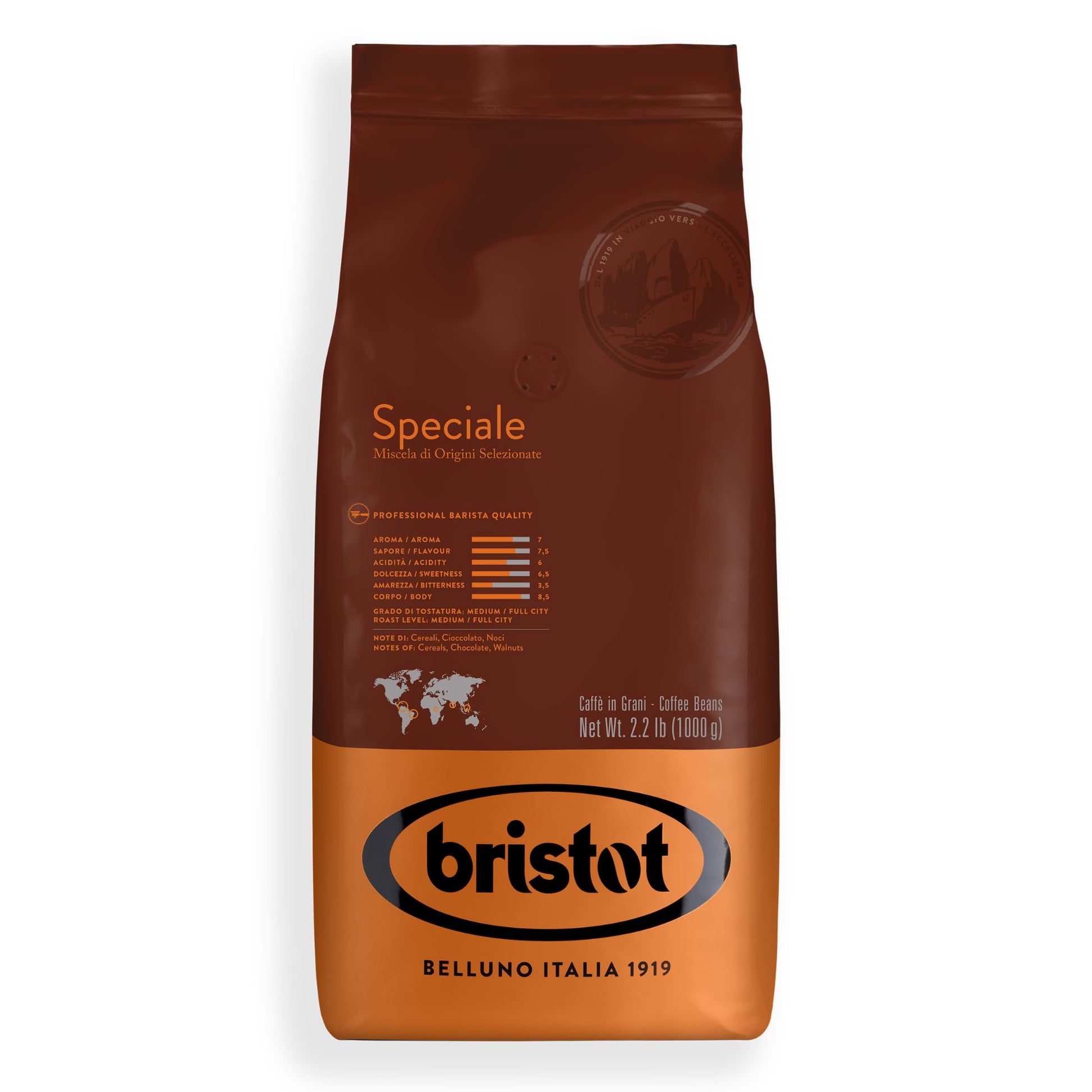 Bristot Speciale Italian Espresso Coffee Beans - Medium Roast, Low Acid, Whole Bean - 2.2 lb (1kg) Bag - Authentic Italian Coffe