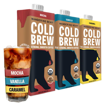 Wandering Bear Extra Strong Organic Cold Brew Coffee, Variety Pack, 32 Fl Oz, 3 Pack - Vanilla, Caramel, & Mocha - Ready To Drin