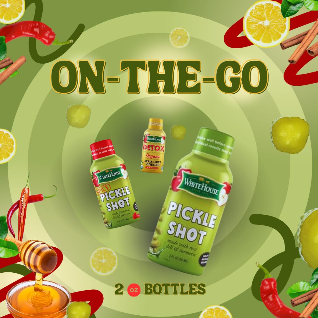 White House Spicy Pickle Shots with Dill & Turmeric, Hydrating Juice, 2 Fl Oz (Pack of 6) - Helps Stop Muscle Cramps