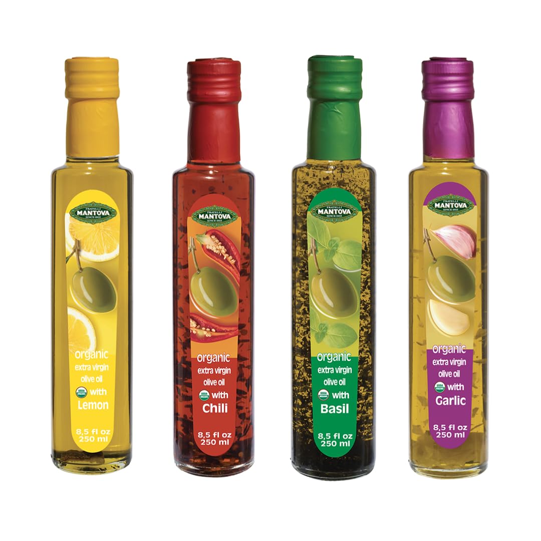 Mantova Organic Flavored Extra Virgin Olive Oil Variety Pack - Includes Garlic, Basil, Chili, and Lemon (8.5 oz Bottles, Pack of
