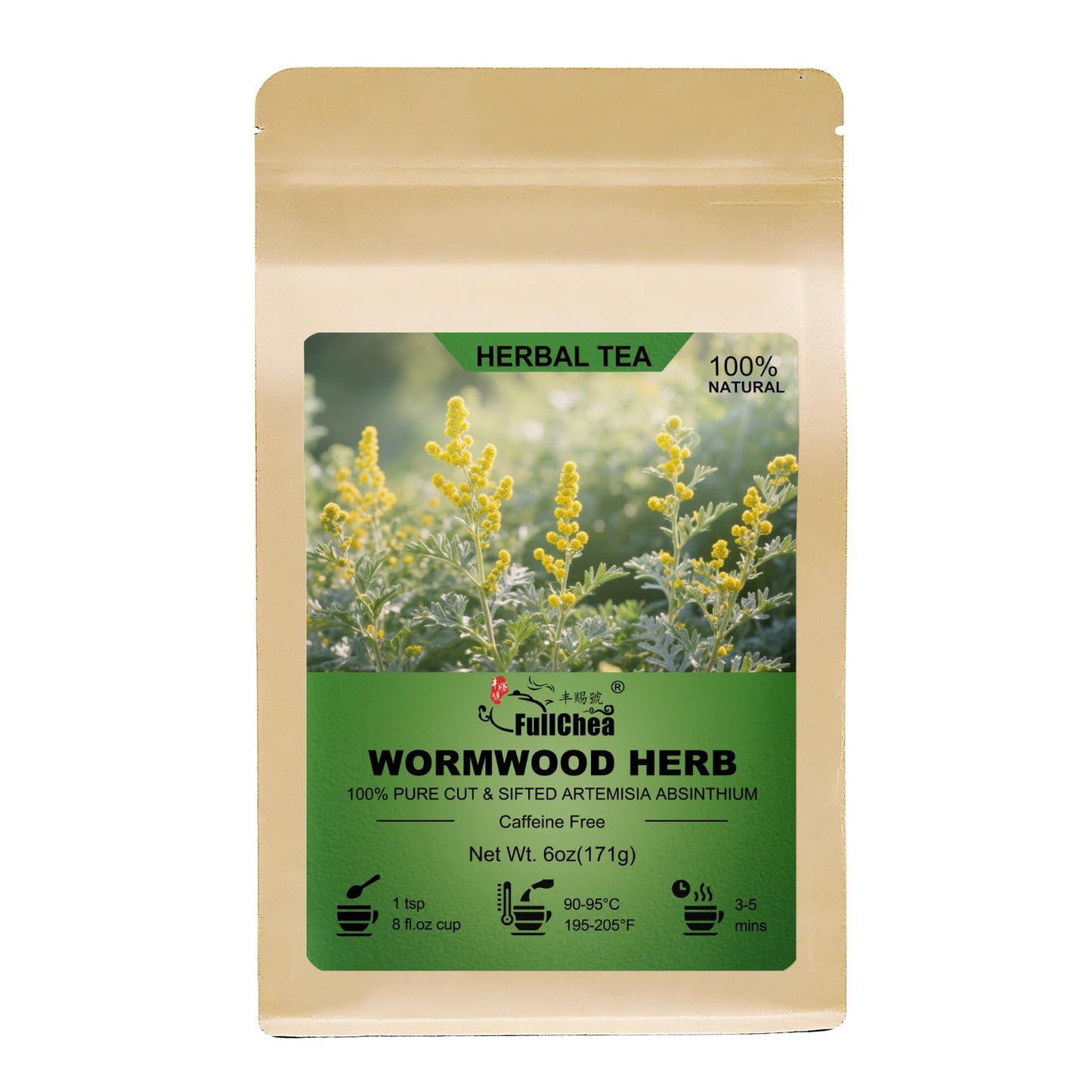 Fullchea - Wormwood Herb 6Oz/171G Cut & Sifted Artemisia Absinthium - Pure Dried Wormwood Tea Leaves No Additives Resealable Pouch For Freshness - Ideal For Daily Herbal Tea & Traditional Use