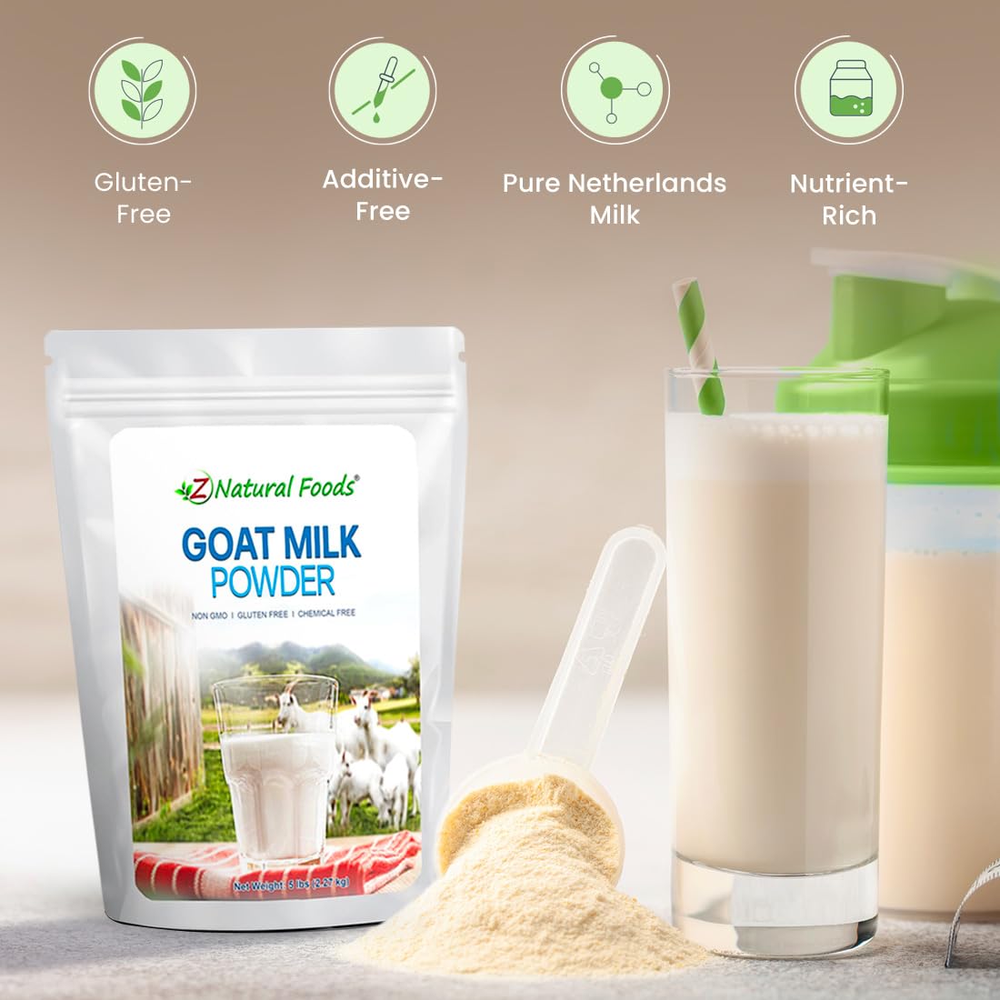 Z Natural Foods Goat Milk Powder - Full Cream, 80 oz, Easy Digestion, Ideal for Smoothies, Cooking, Baking, Model 1023705, White