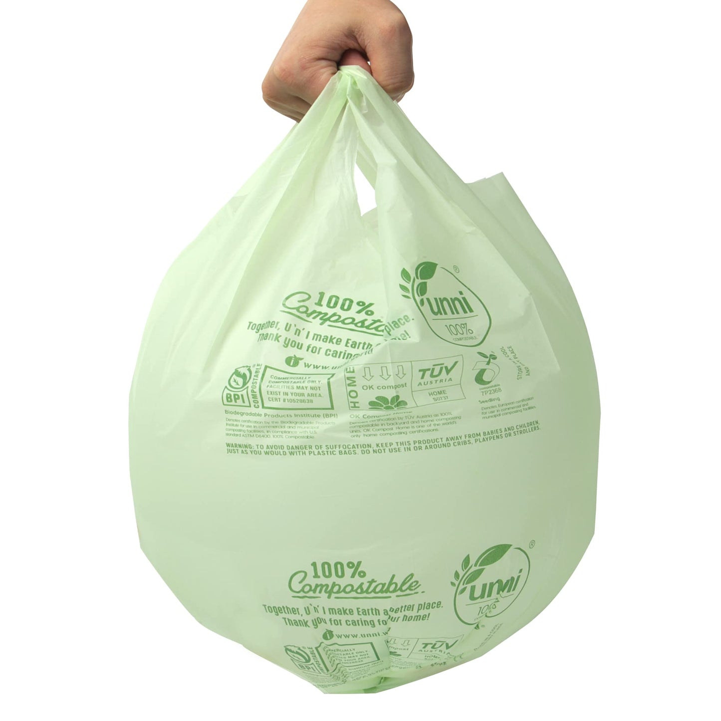 UNNI Compostable T-Shirt Bags, 2.6 Gallon, 100 Count, Certified ASTM D6400, Eco-Friendly Small Kitchen Food Scrap Waste Bags