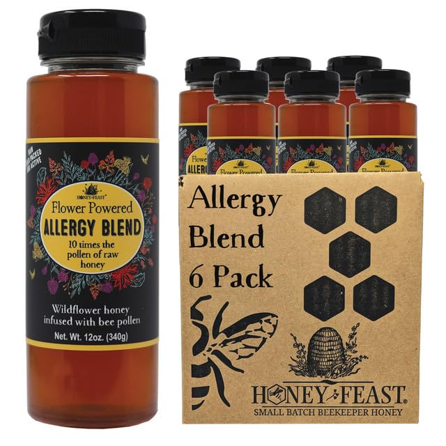 HONEY FEAST Bulk Case Allergy Blend Honey, 12oz Jars (6-Pack) - Artisanal American Honey, Raw & Unfiltered, Enhanced Pollen, Flo