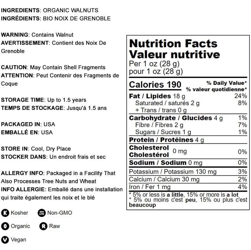 Organic California Walnuts Halves & Pieces, 2.5 Pounds - Non-GMO, Raw, Unsalted, Shelled, Vegan, Kosher, Sirtfood, Bulk Snack. H