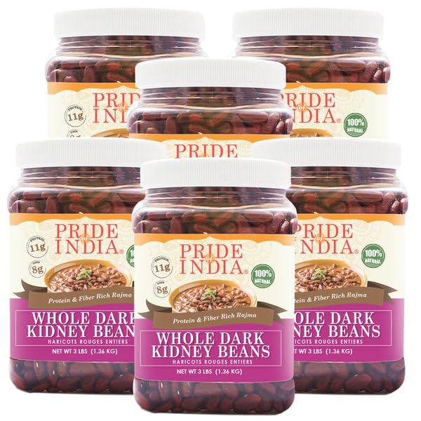 Pride Of India - PACK of 6 - Indian Whole Dark Kidney Beans - Protein & Fiber Rich Rajma, 3 Pound Jar