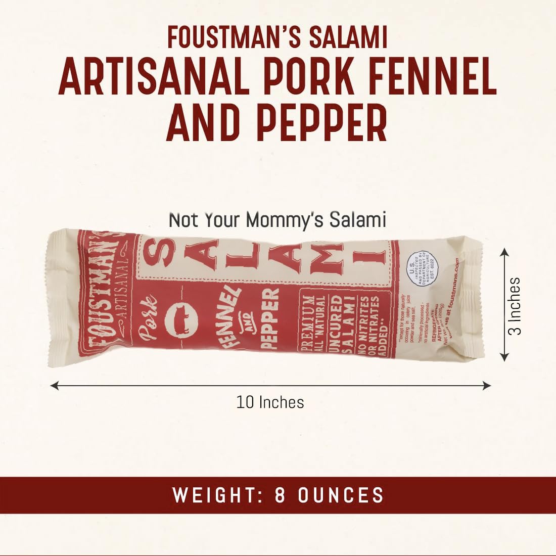 Foustmans Salami Fennel and Pepper Pork Artisanal, Nitrate-Free, Naturally Cured, Gluten-Free, Dairy-Free, 8 Oz Sticks
