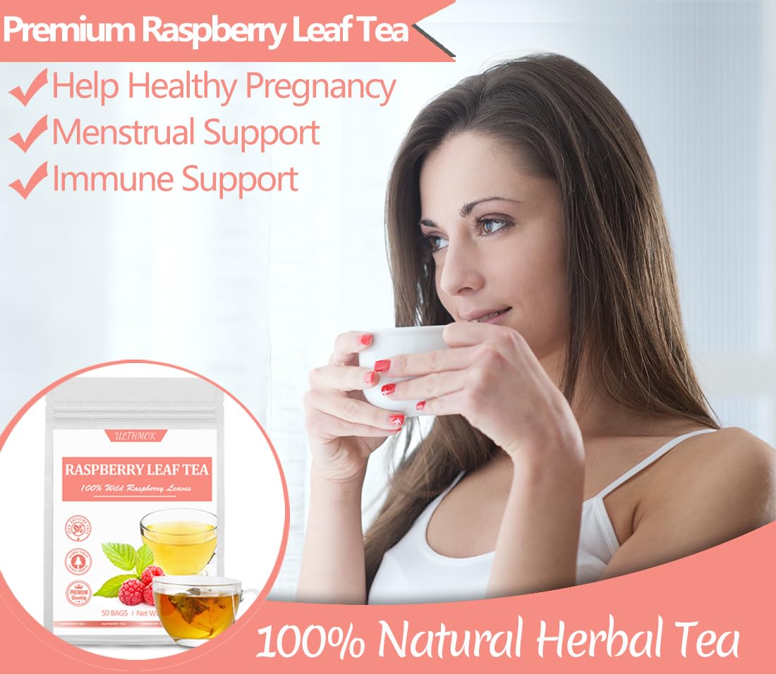 ULTHMOK Premium Red Raspberry Leaf Tea Bags - Caffeine Free, 50 Count, Natural Ingredients