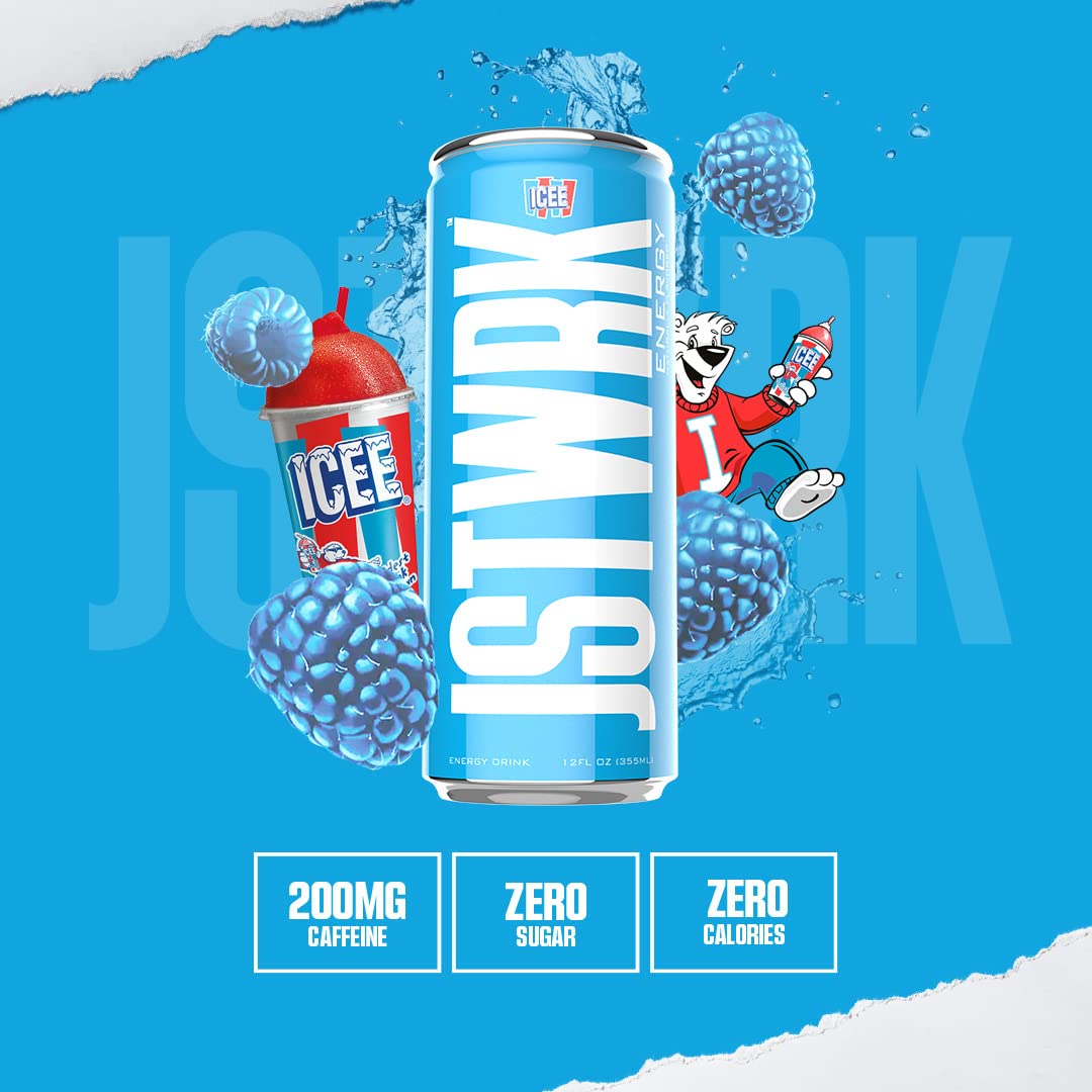 JST WRK Energy Drink - Sugar Free, Zero Calories, 200mg Caffeine - 12-Pack, 12 Fl Oz, ICEE Blue Raspberry