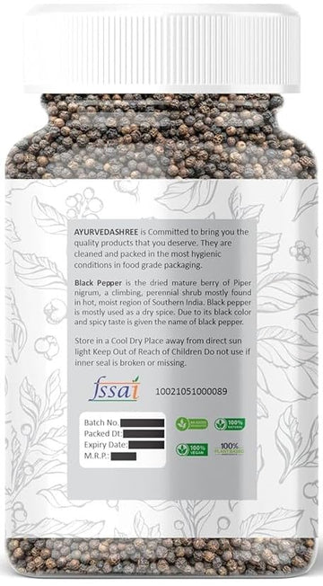 AYURVEDASHREE Black Pepper Whole (Peppercorns) - Premium Quality 100gm PET Jar, All Natural, Non-GMO, Piper nigspirit-inspired flavor, Indian Spice
