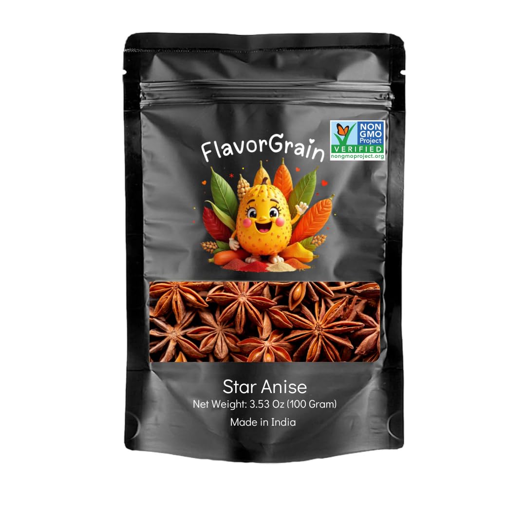 FlavorGrain Star Anise - Whole Chinese Star Anise Pods 100gm (3.53 oz) great for baking and tea