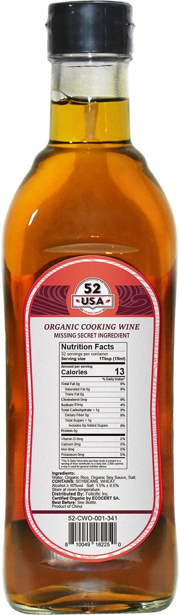 52USA Organic Shaoxing Rice Cooking Wine, 16.2 Fl Oz, Fermented Rice Wine for Asian Cooking
