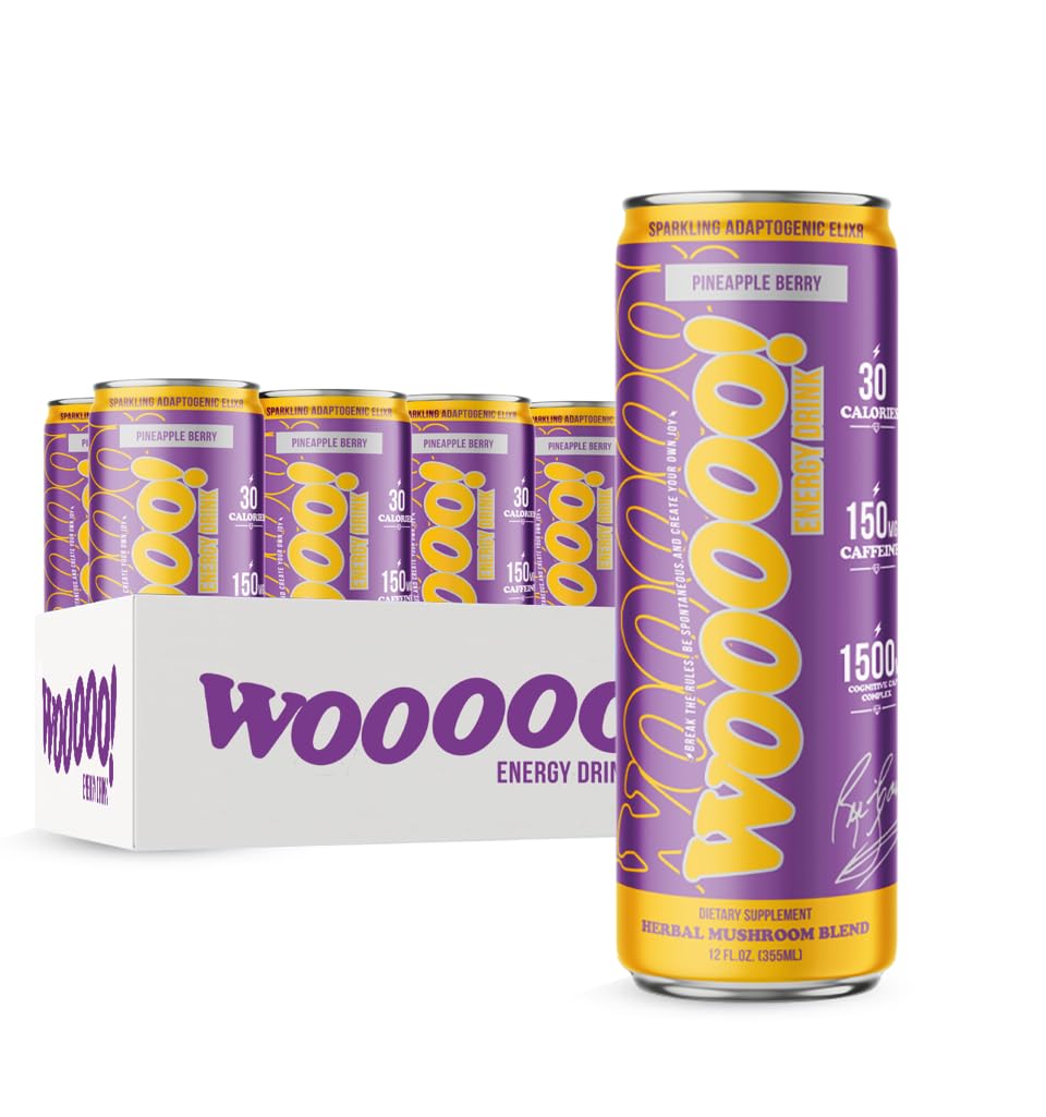 Wooooo! Energy Ric Flair Sparkling Adaptogenic Mushroom Energy Drink | Natural Antioxidants & Nootropics | Lions Mane & Cordyceps | 150Mg Energy Blend | 12 Pack (Pineapple Berry)