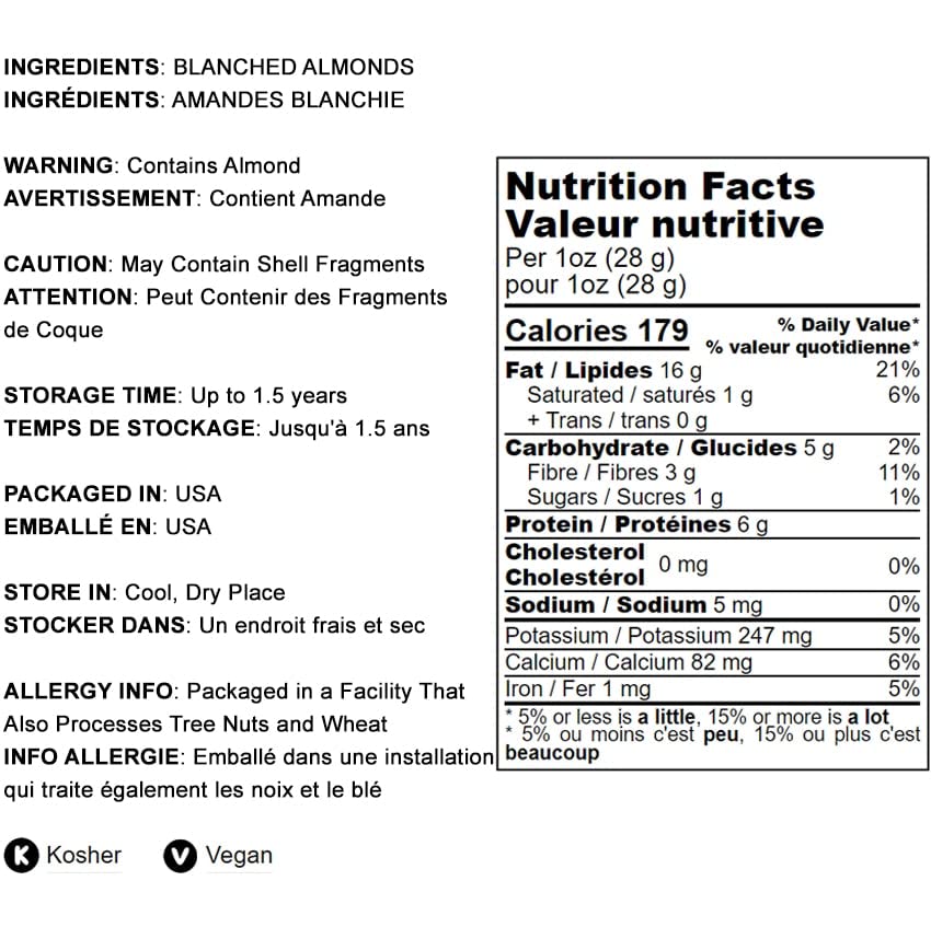 Food To Live - Blanched Slivered Almonds, 1 Pound Chopped Raw Blanched Almonds, Unsalted, Vegan, Keto, Kosher, Bulk. High In Pro