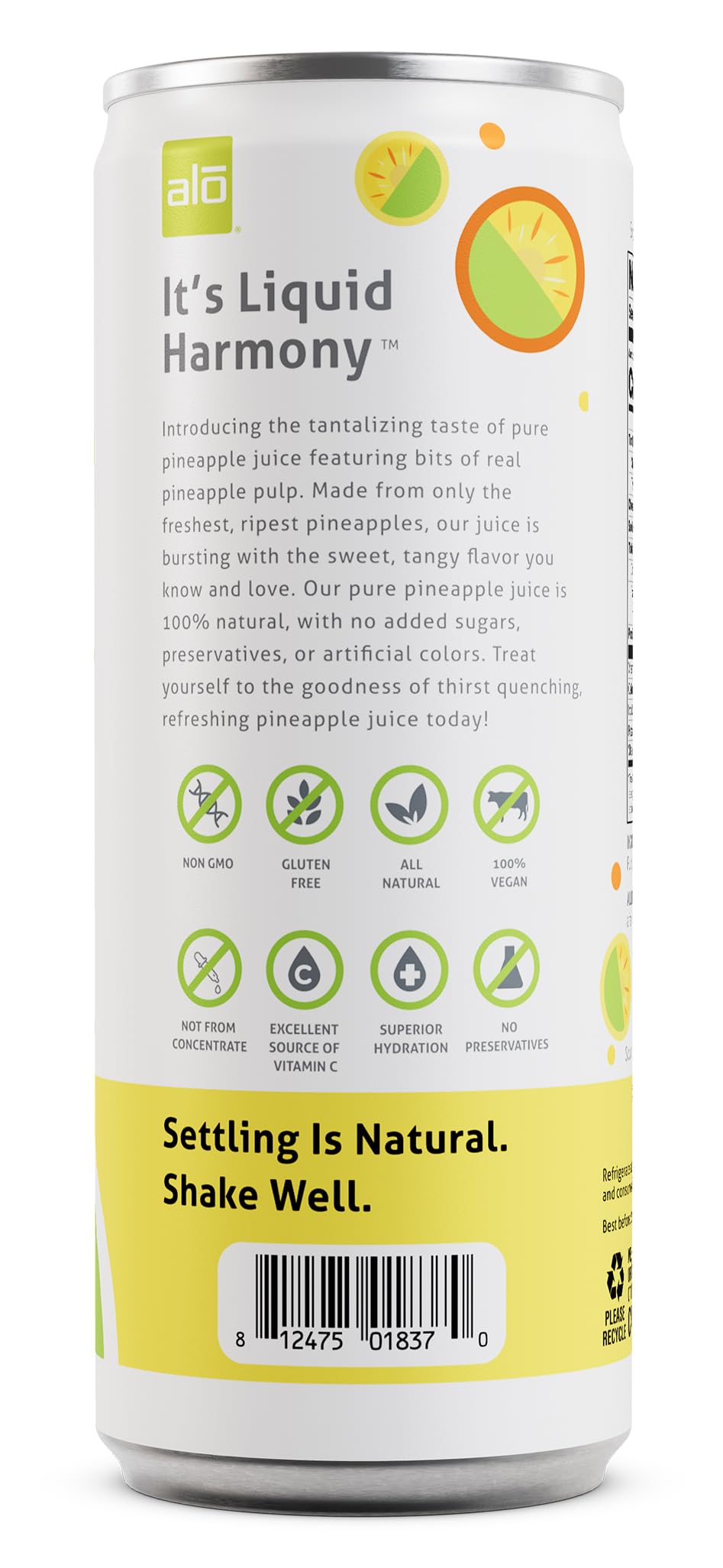 ALO Slim Can Juice, Pineapple Flavor, 10.82 fl oz, Pack of 12, 100% Natural, Plant-Based Beverage