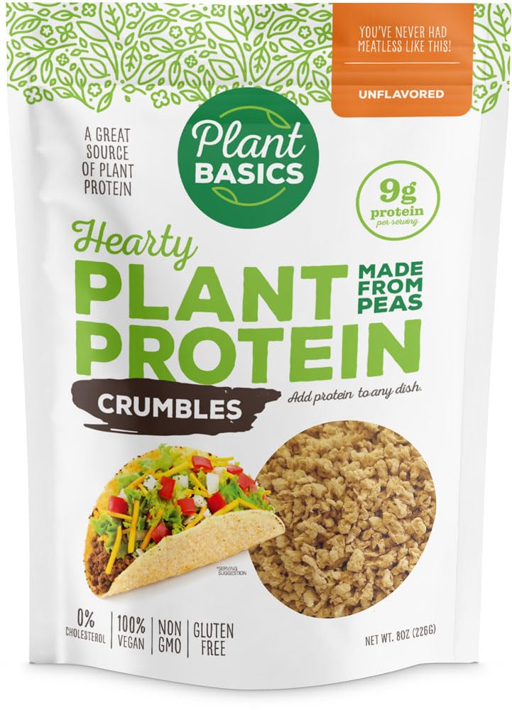Plant Basics - Hearty Plant Protein - Unflavored Crumbles, 8 Oz (Pack Of 6), Made From Peas, Non-Gmo, Gluten Free, Low Fat, Low Sodium, Vegan, Meat Substitute
