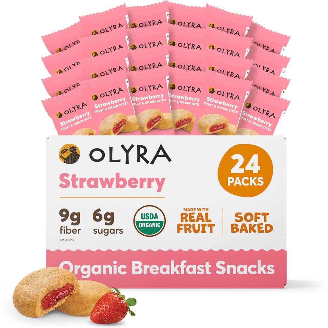 Olyra Strawberry Organic Fruit Bars, Prebiotic High Fiber Snack, Gut Health, Fruit Filled & Whole Grain Bites, Kids Healthy Snac