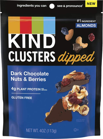 KIND Snack Clusters Dipped, Dark Chocolate Nuts & Berries, Gluten Free, 4g Protein, 4 Ounce , 8Count