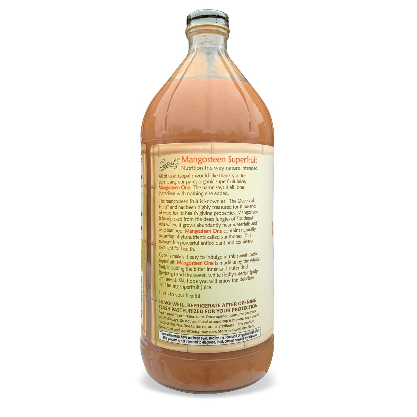 Mangosteen One | 100% Pure Organic Mangosteen Juice - 32oz Glass Bottle (1qt) | Xanthone Vitamin & Antioxidant Rich Whole Superfruit - Gluten-Free Vegan Mangosteen dietary product | Gopals Healthfoods