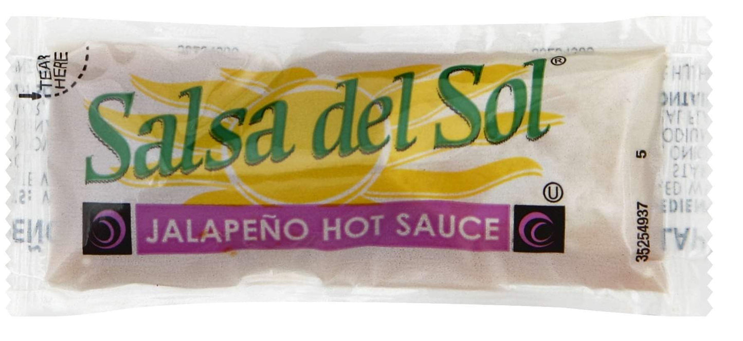 Salsa Del Sol Bundle with Picante Sauce and Jalapeno Hot Sauce, 50 Packets of Each (Pack of 100) - Packed in Make Your Day Box
