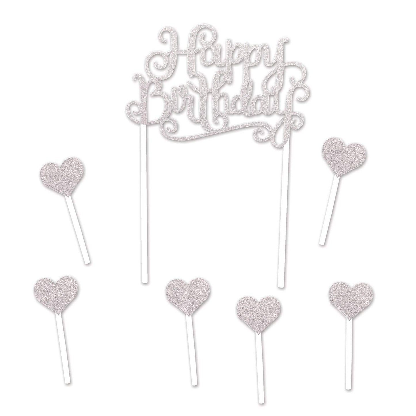 Beistle Silver Glitter Happy Birthday Cake Topper - 5½ x 8 Plastic Model 52216-S