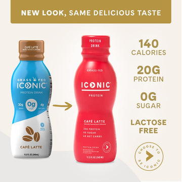 ICONIC Protein Drinks, Café Latte, Sugar Free, Low Carb, 20g Protein, 100mg Caffeine, 11 Fl Oz (Pack of 12)