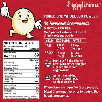 Eggylicious - Pack Of 4 - Whole Egg Powder, Dried Natural Protein Powder, Made From Fresh Eggs, White & Yolk Mixed, Pasteurized,