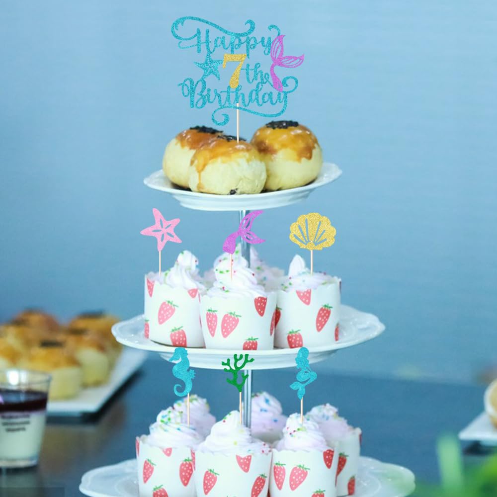 Sodasos 7Pcs Glitter Mermaid Happy Birthday Cake Topper - Mermaid Cake Topper,Under The Sea Themed, Baby Shower Birthday Party S