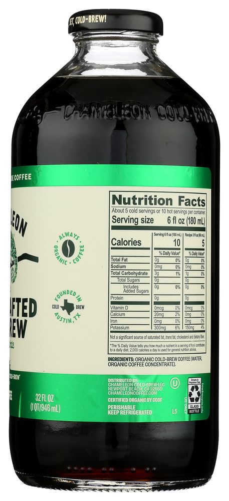 Chameleon Cold-Brew Black Coffee Concentrate, 32 Fl Oz (Pack of 6) - Smooth, Rich Flavor, Ready-to-Drink Cold Brew Coffee