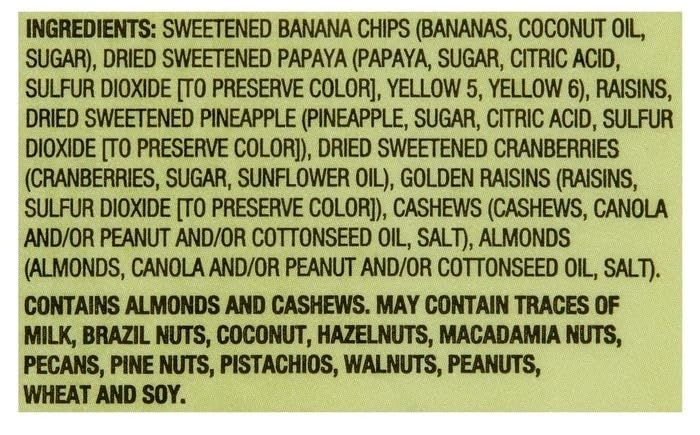 Tropical Trail Mix With Fruit: Dried Banana Chips, Papaya, Raisins, Pineapple, Cranberries, Almonds, Cashews - Great Snack Snack