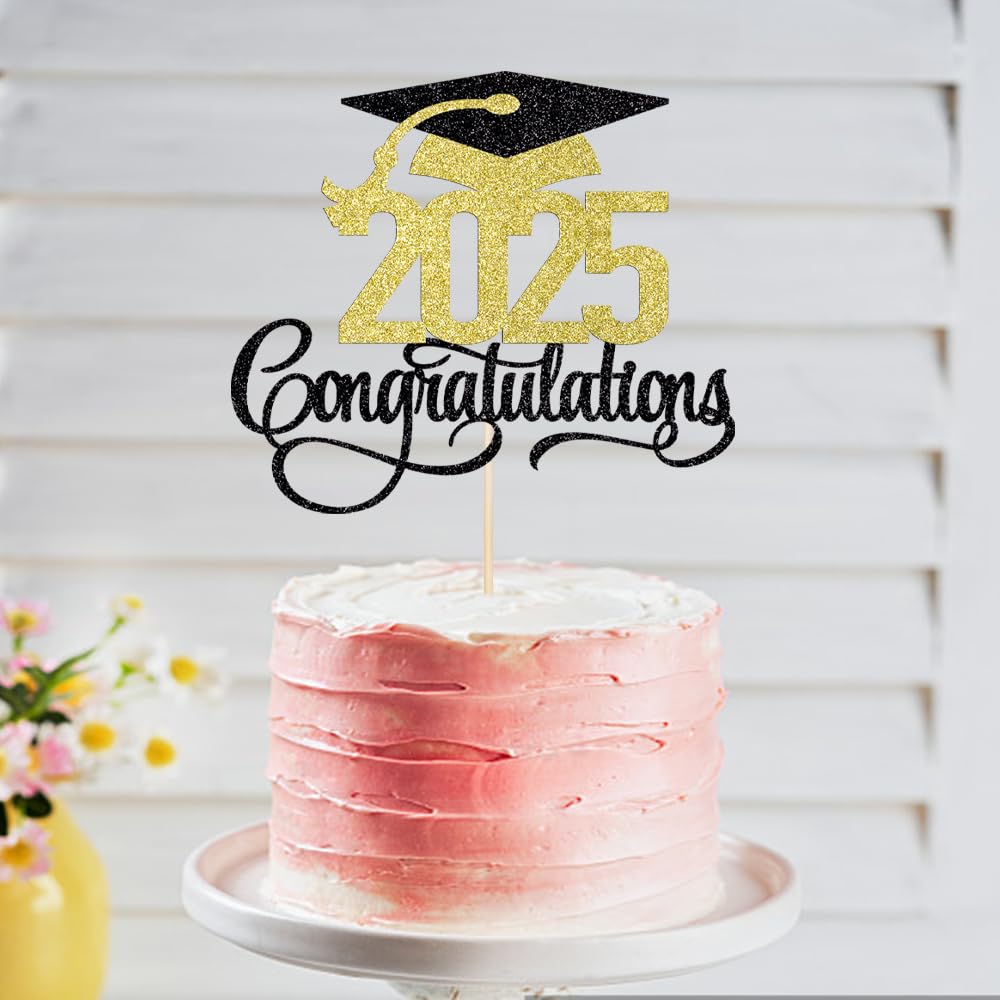 Florcmet Graduation Cake Topper, Black Gold Glitter, 5.1 x 6.5 inches, 2025 High School/College/Senior Decor