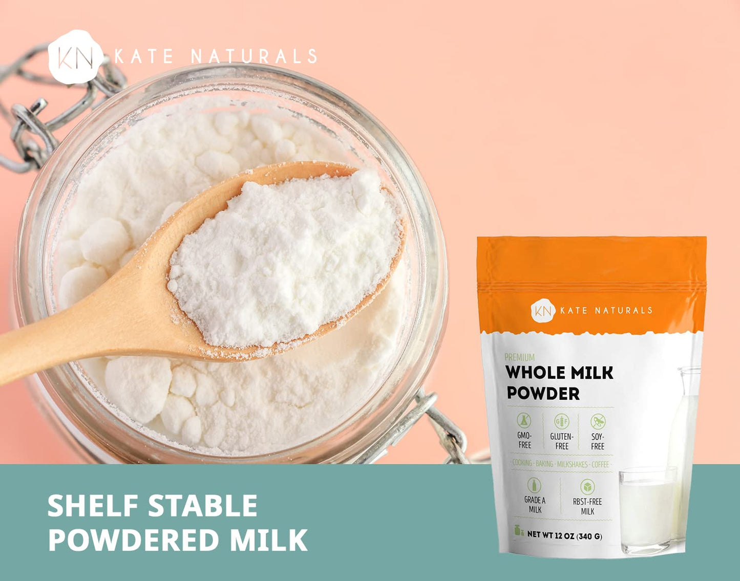 Kate Naturals Dry Whole Milk Powder for Baking & Coffee, 12oz - RBST-Free, Made in USA
