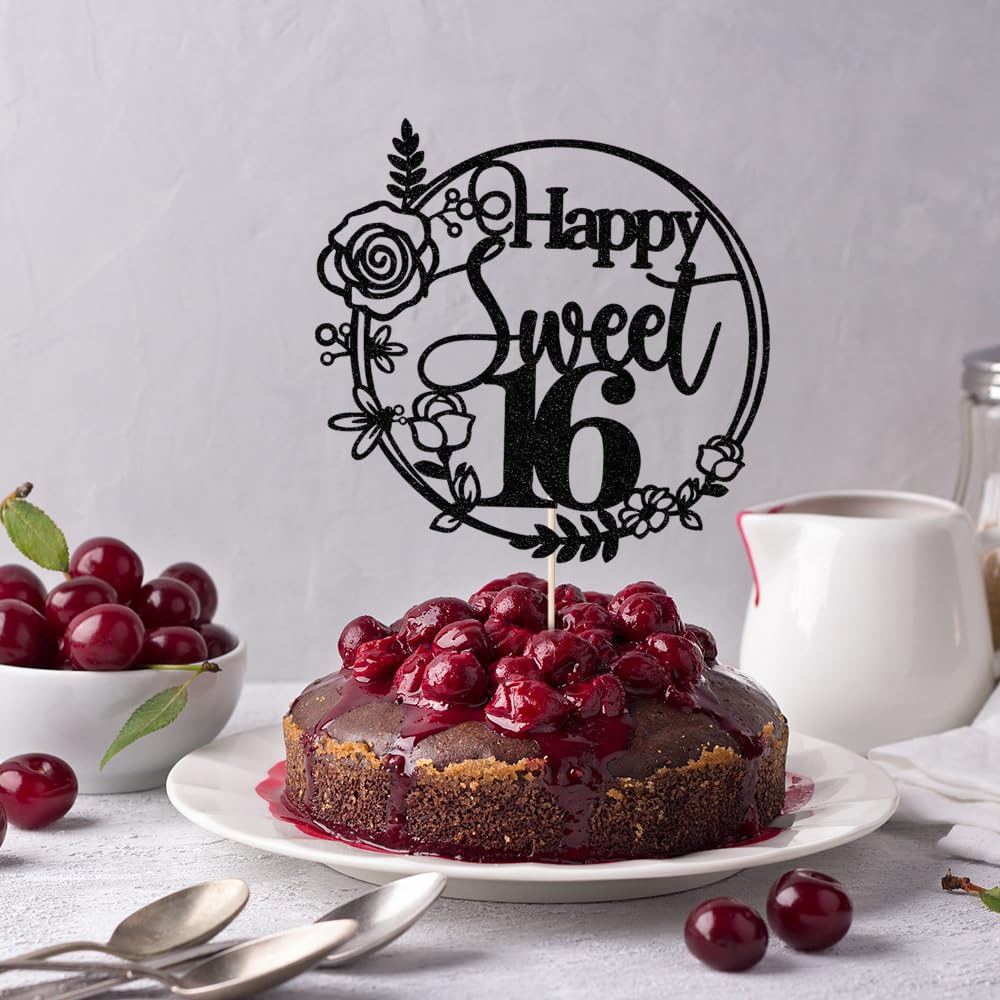 Rose Gold Glitter Happy Sweet 16 Cake Topper - Happy 16Th Birthday Cake Decor - Hello 16, Cheers To 16 Years Birthday Party Deco