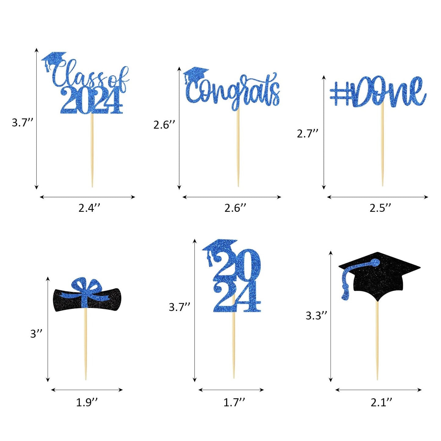 24Pcs Glitter Graduation Cupcake Toppers 2024 Blue Cupcake Picks For Graduation Theme Decorations Class Of 2024 No Diy Need