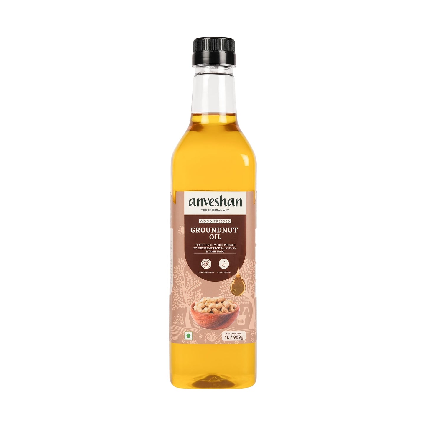 Anveshan Wood Pressed Groundnut Peanuts Oil 1 Litre | Plastic Bottle | Kolhu/Kacchi Ghani/Chekku/Ganuga | Peanut Oil | Natural | Chemical-Free | Cold Pressed Groundnut Oil For Cooking