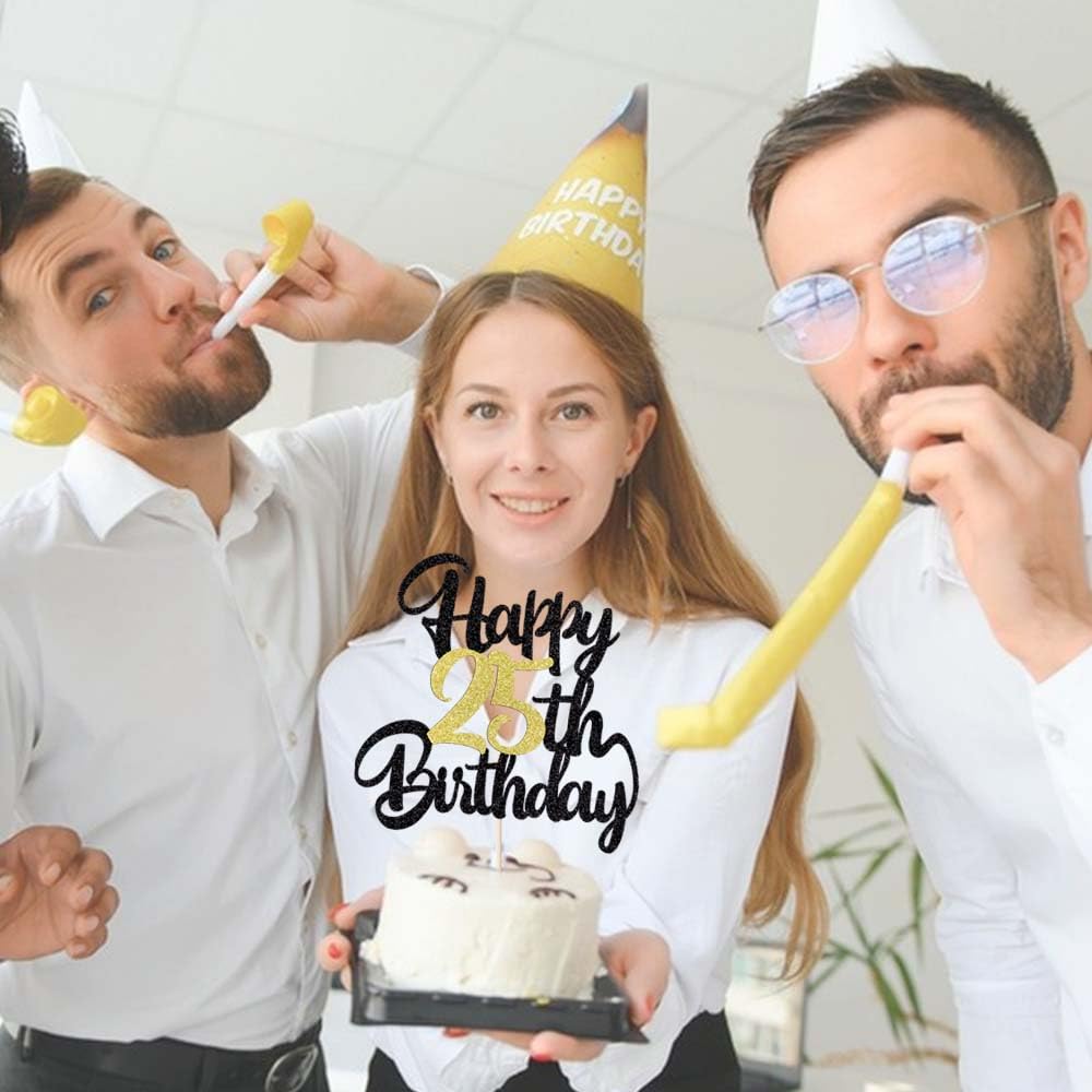 Klionjor 25th Birthday Cake Topper - Black Gold Glitter Cardboard Decoration