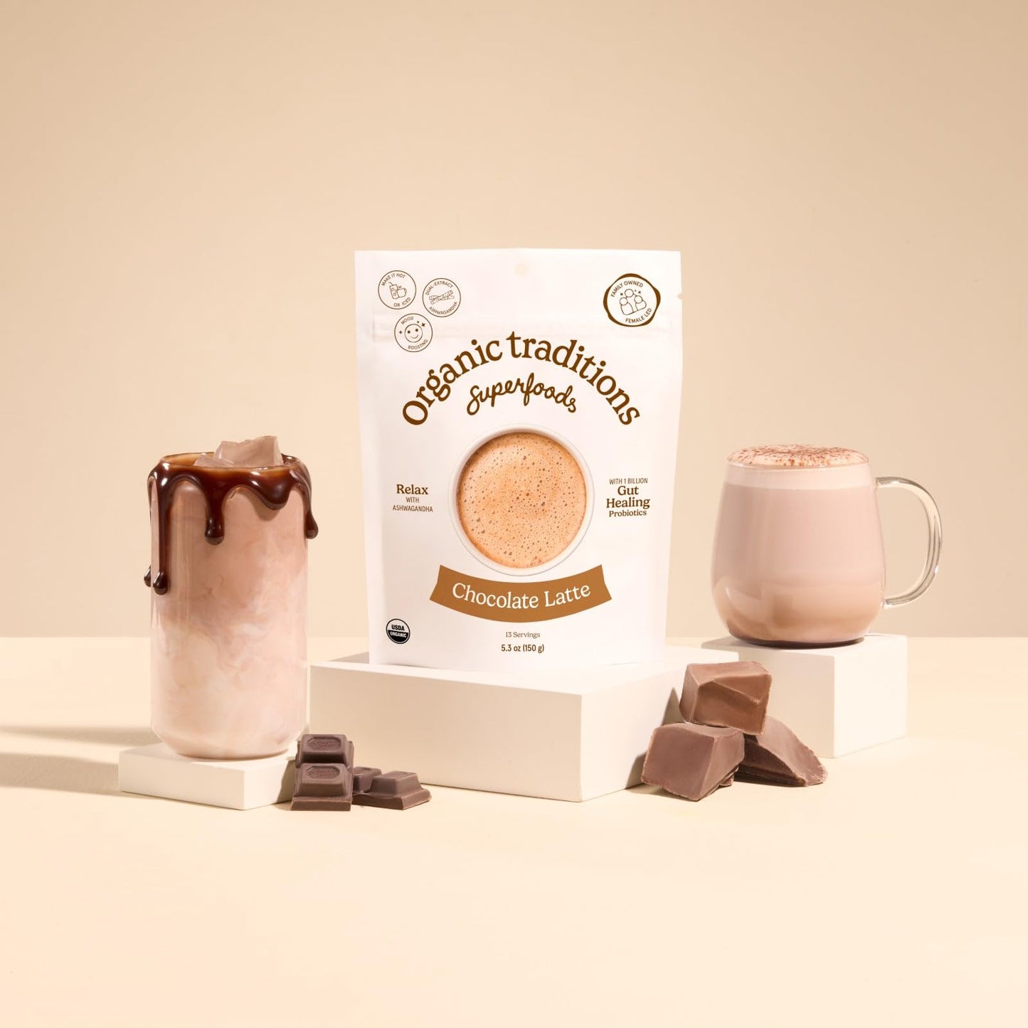 Organic Traditions Superfood Chocolate Latte – Creamy Coconut Milk Base - Dual Extract Ashwagandha – Easy To Mix - Sweetened With Coconut Palm Sugar – 1 Billion Probiotics Per Serving - 150G/ 5.3Oz Bag