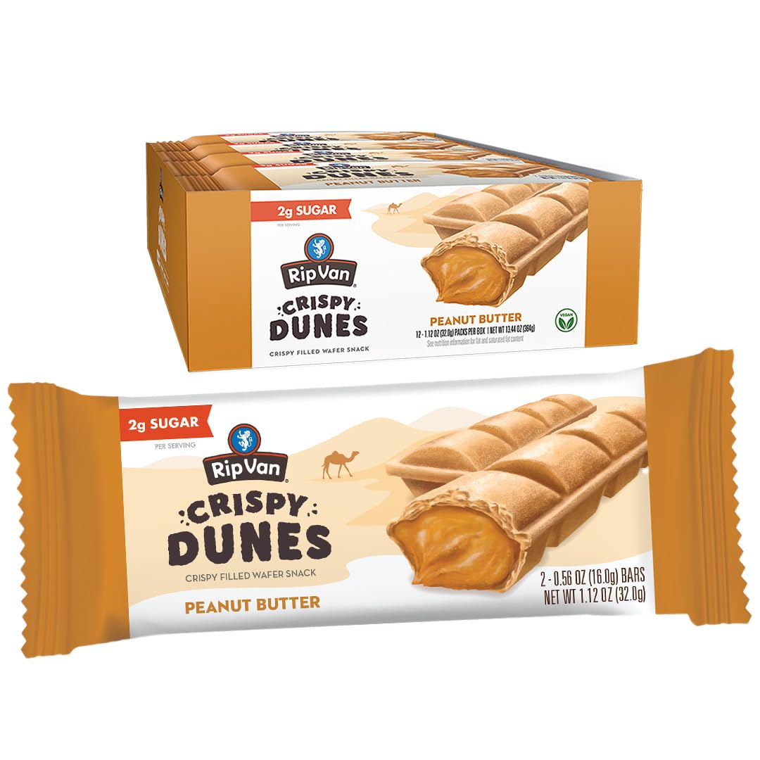 Crispy Dunes Peanut Butter Wafer Sticks - Low-Calorie Snack with Peanut Butter Cream Filling 90 Calories Non-GMO Prebiotic Fiber - 12 Pack