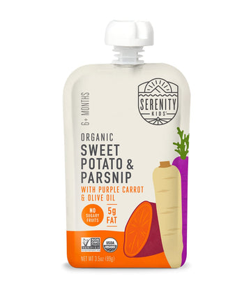 Serenity Kids 6+ Months Organic Veggie Puree Baby Food Pouches - No Added Sugar & Allergen Free - Bpa-Free Baby Snacks & Toddler Food With Sweet Potato & Parsnip - 3.5 Oz, 12 Pack