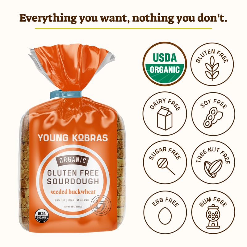 Young Kobras Organic, Gluten-Free Seeded Buckwheat Sourdough Bread 22Oz (2-Pack) - Allergen Friendly, Vegan, Gum-Free, Simple In