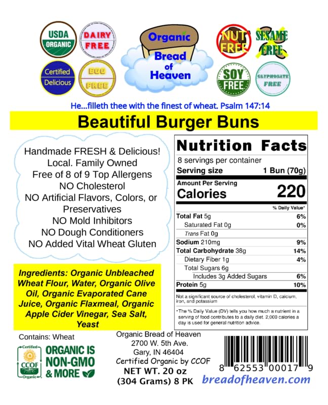 Organic Bread Of Heaven ~ Beautiful Burger Buns 2 Pkgs Of 8 ~ Usda Organic