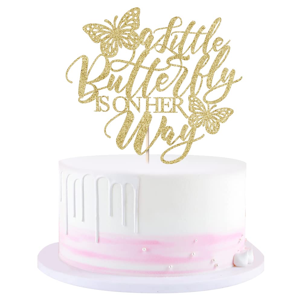 Qertesl A Little Butterfly Is On Her Way Cake Topper Butterfly Themed Cake Decoration Great For Baby Shower Welcome Baby Gender Reveal Party Decoration Supplies (Gold)