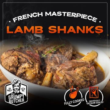Grumpy Butcher Big Braised Lamb Shanks, 2 Packs (Each 22-24 Oz) - Delicius French Recipe Lamb Cooked With Basil, Thyme & Mustard