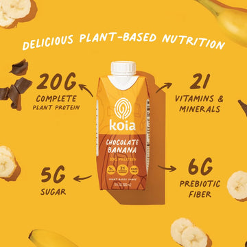 Koia Plant Based Protein Shake, Chocolate Banana, 20g Protein, 5g Sugar, 6g Prebiotic Fiber, 21 Vitamins & Minerals, Meal Replac