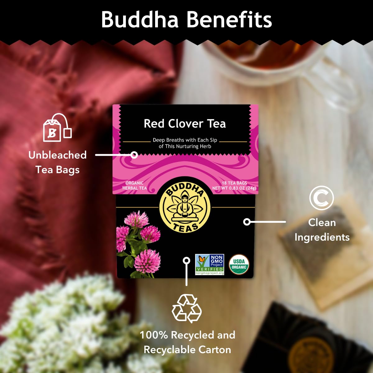 Buddha Teas Organic Red Clover Flower Tea - 18 Bleach-Free Bags - OU Kosher, USDA Organic