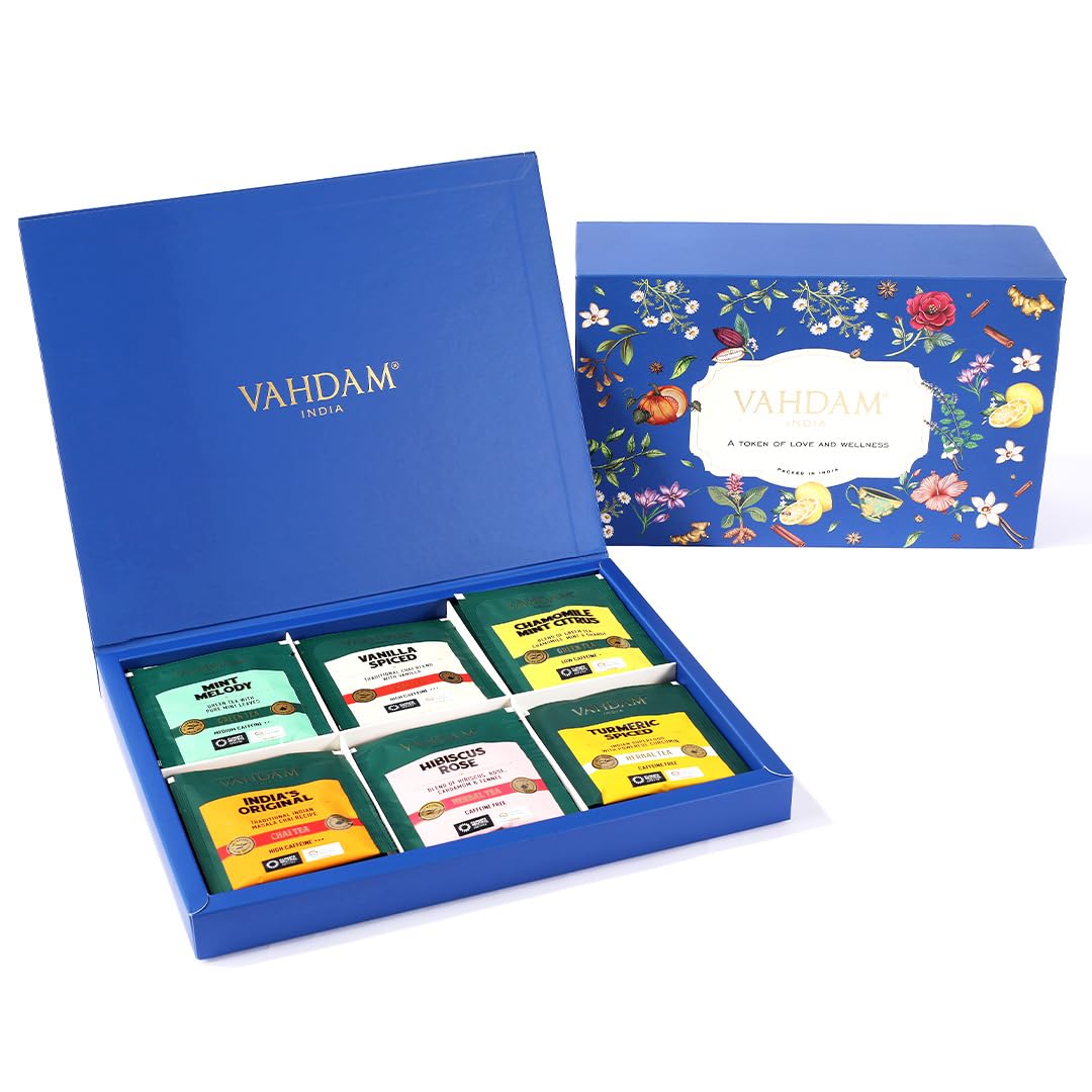 Vahdam Assorted Tea Gift Set (6 Variety 30 Tea Bags) | Ecofriendly Tea Bags | Christmas Tea Gifts For Women & Men