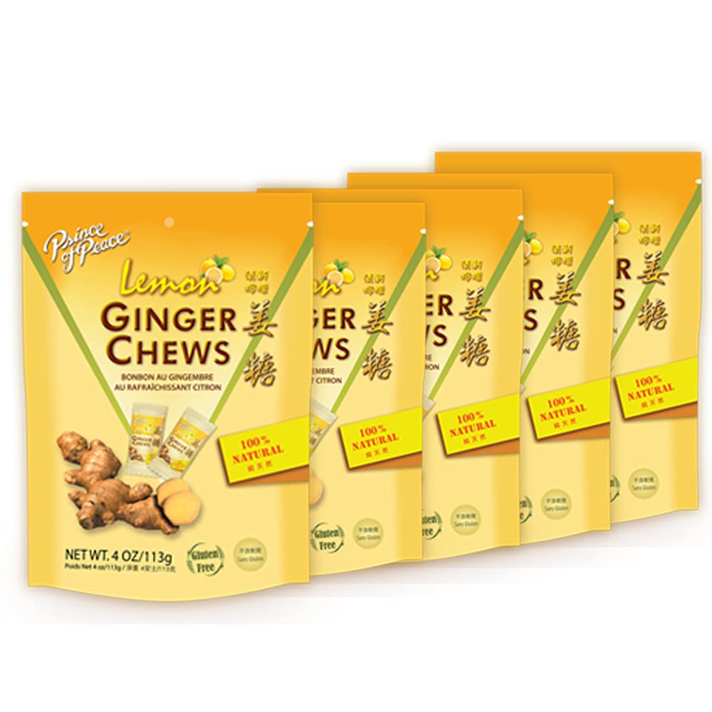 Prince of Peace Ginger Chews With Lemon, 4 oz. ? Candied Ginger ? Lemon Candy ? Lemon Ginger Chews ? Natural Candy ? 5 Pack