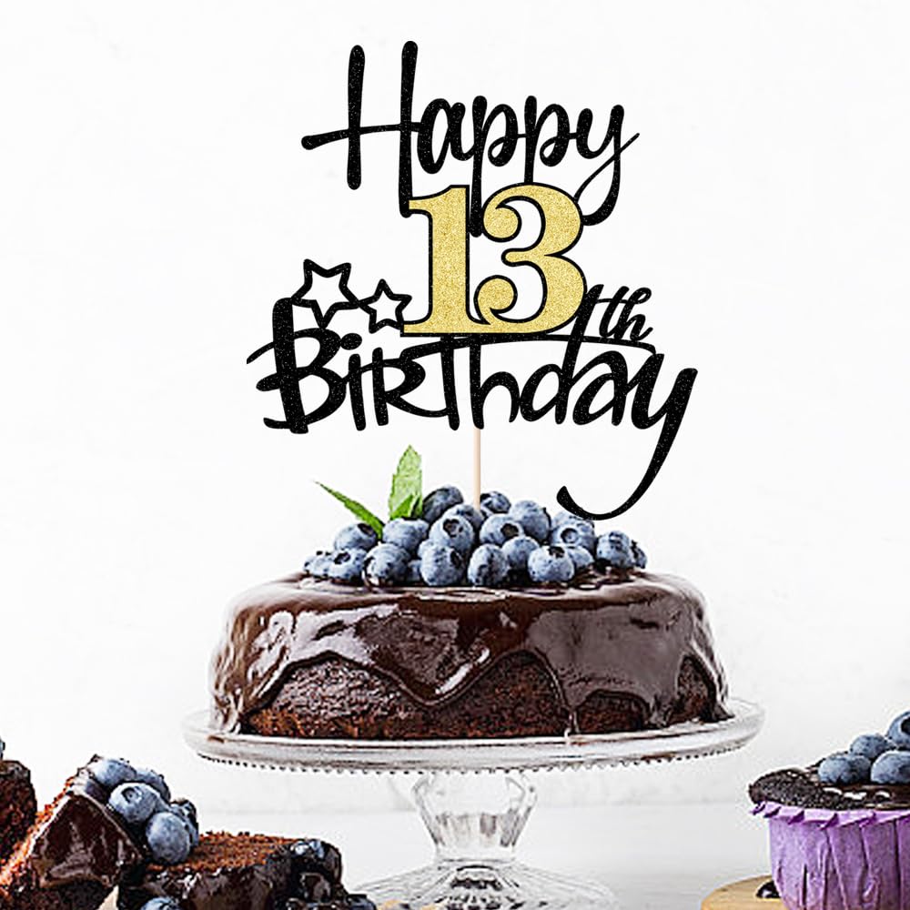 Kaoenla Black Gold Glitter Happy 13Th Birthday Cake Topper - Hello 13/Cheers13,Happy Thirteen Birthday Anniversary,13 Years Old